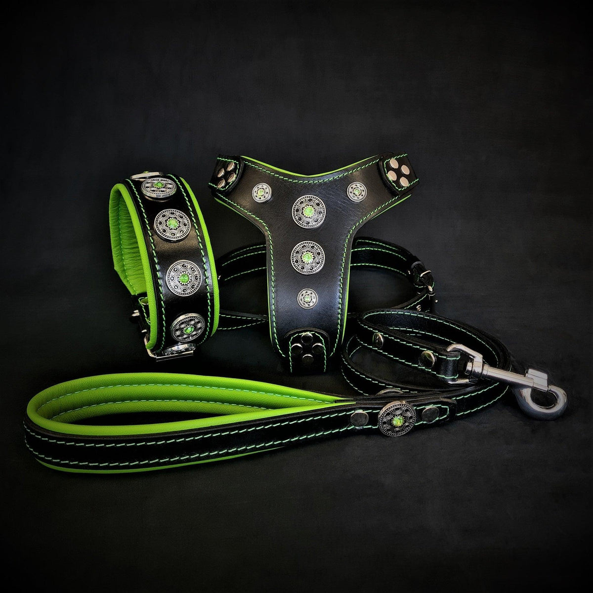 El CONJUNTO "Bijou" - Collar, Arnés, Correa. Verde