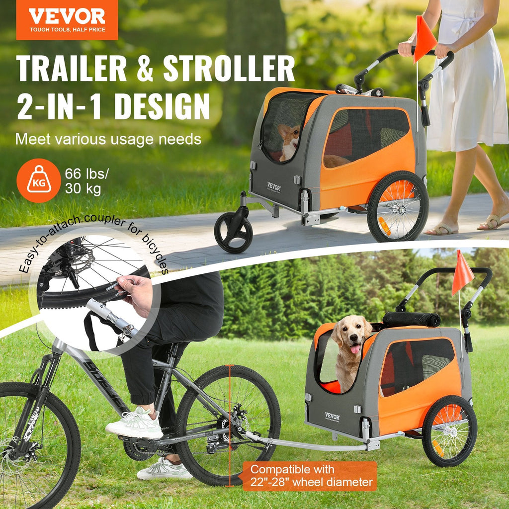 VEVOR Dog Bike Trailer, Supports up to 66 lbs, 2-in-1 Pet Stroller