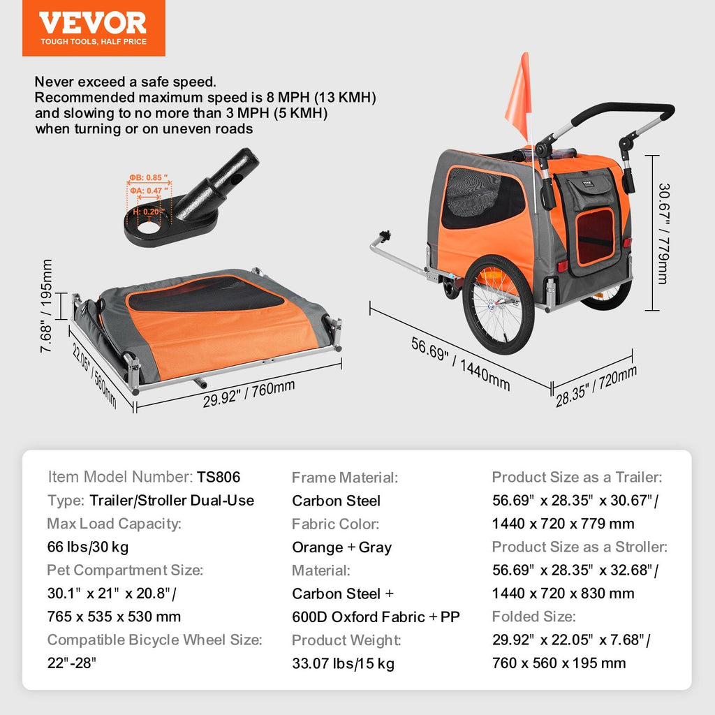 VEVOR Dog Bike Trailer, Supports up to 66 lbs, 2-in-1 Pet Stroller
